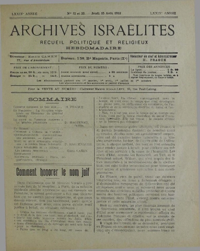 Archives israélites de France. Vol.79 N°32-33 (15 août 1918)